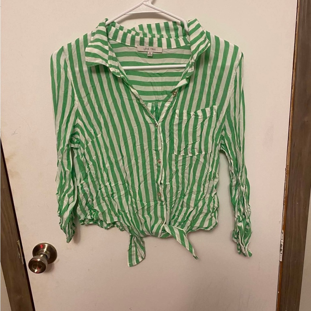 Love Tree Green & White Striped Tie-Front Button Down Shirt